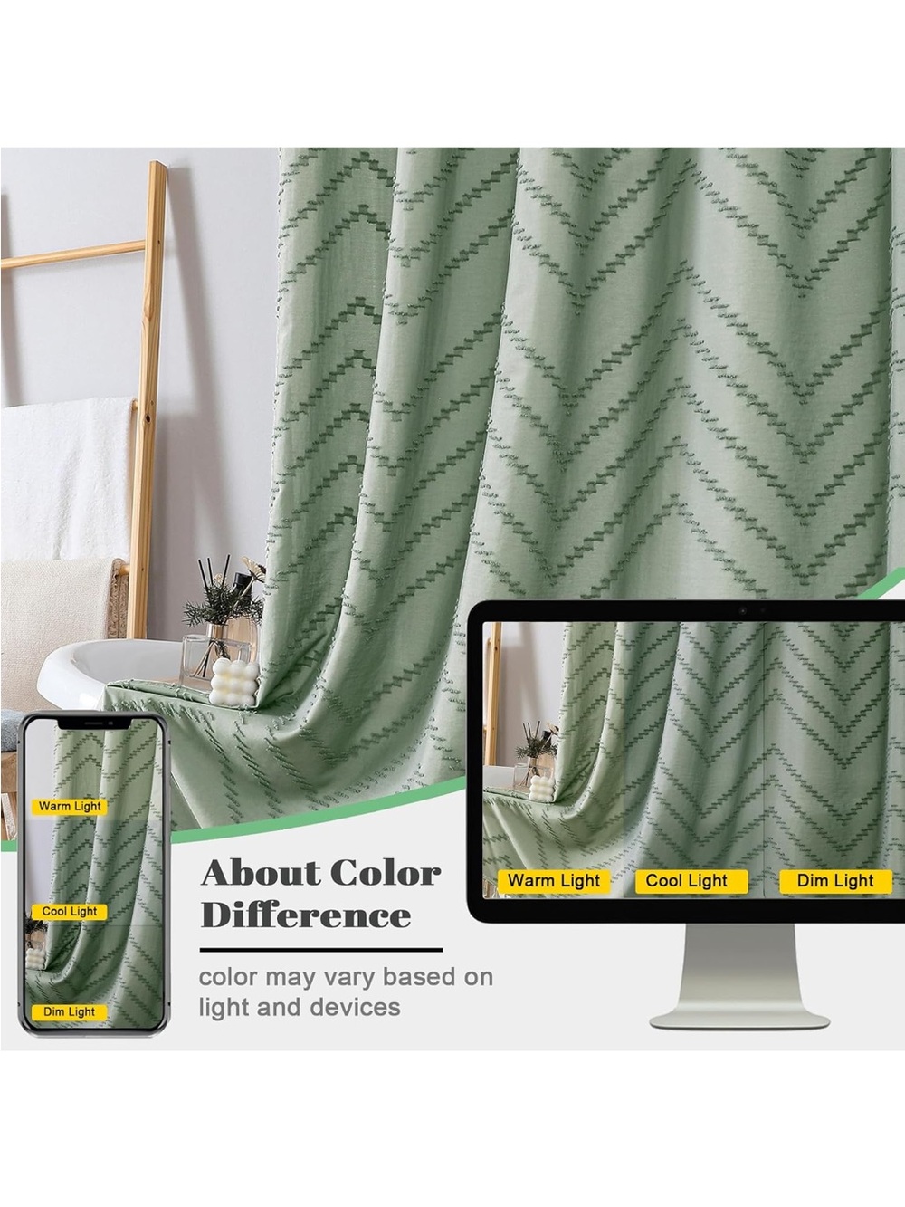 Boho Shower Curtain, Sage Green Fabric Cloth Shower Curtains Farmhouse 72x72 - Picture 6 of 6